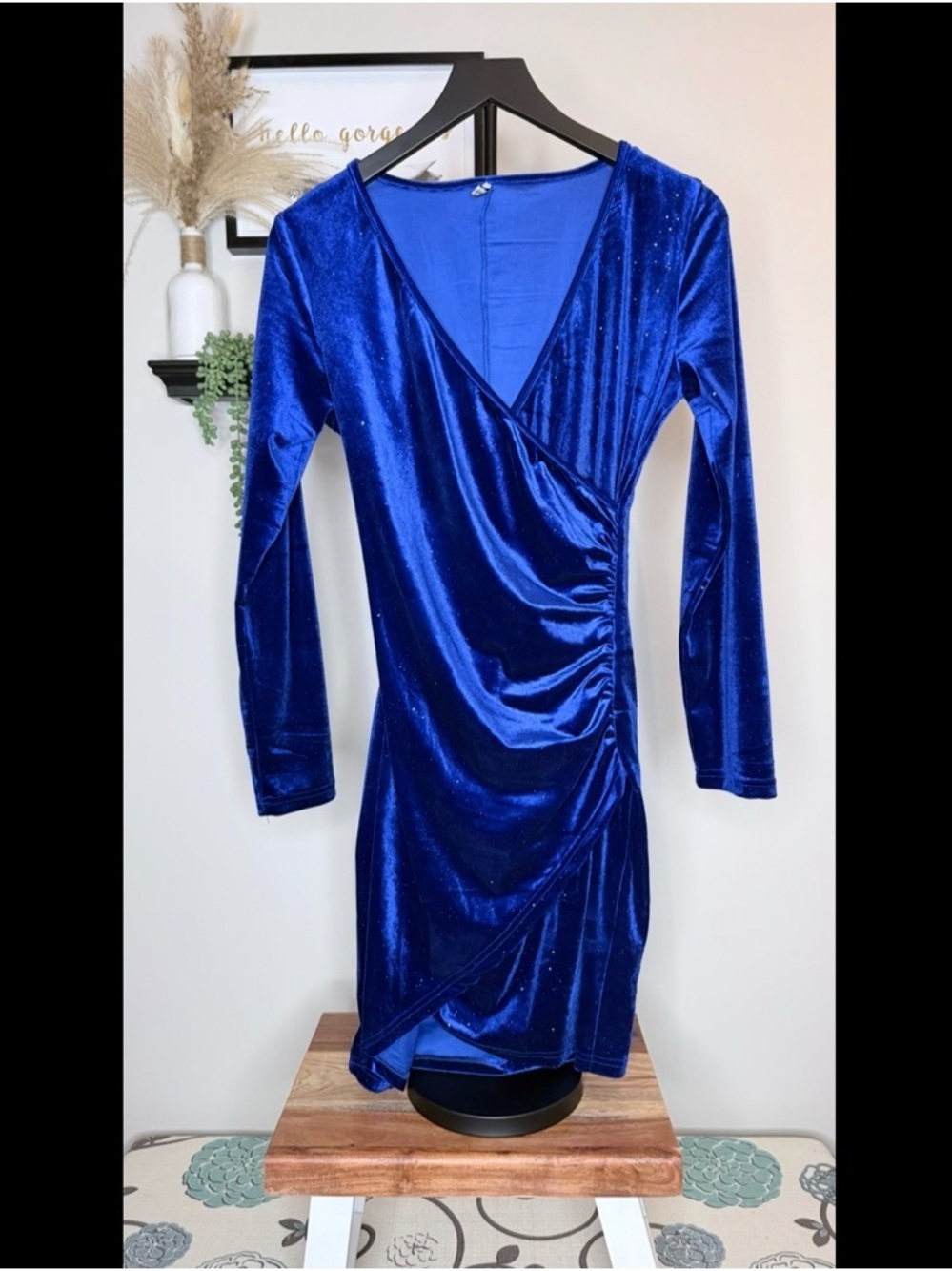 Blue Velvet Long-Sleeve Wrap Dress